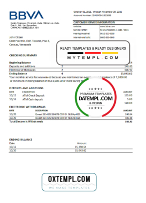 editable template, Venezuela BBVA bank statement easy to fill template in .xls and .pdf file format