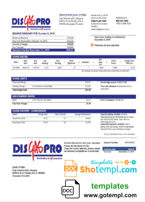 editable template, Ecuador Disgaspro gas utility bill template in Word and PDF format