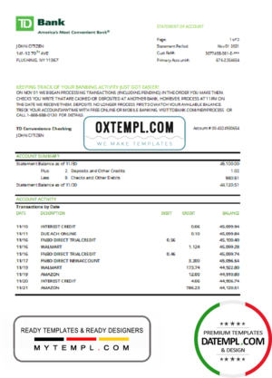 editable template, USA TD bank statement template in .xls and .pdf file format