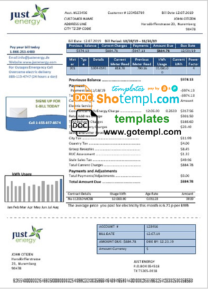 editable template, Germany Just Energy utility bill template in Word and PDF format (.doc and .pdf)