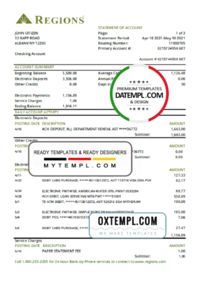editable template, USA Regions bank statement template in .xls and .pdf file format