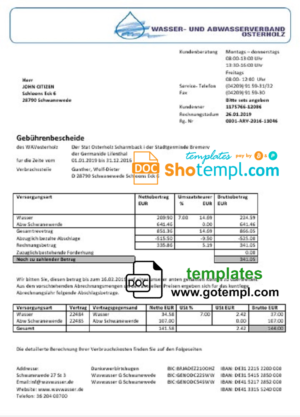 editable template, Germany Wavwasser utility bill template in Word and PDF format