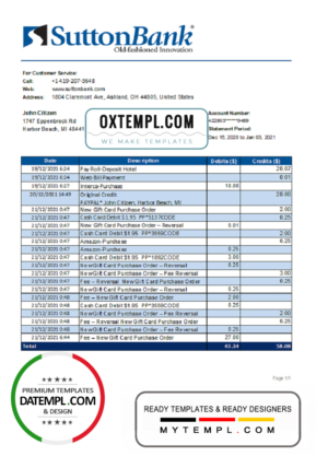 editable template, USA Ohio Sutton Bank statement template in .xls and .pdf file format