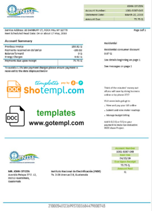 editable template, Guatemala INDE Instituto Nacional de Electrificación electricity utility bill template in Word and PDF format