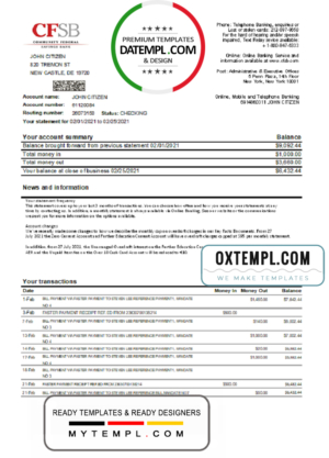 editable template, USA New York CFSB bank statement template in Excel and PDF format