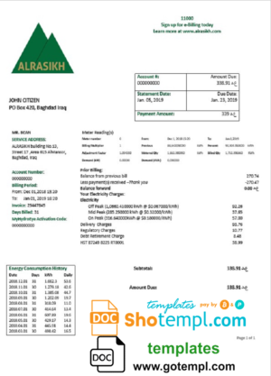 editable template, Iraq AlRasikh electricity utility bill template in Word and PDF format