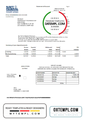 editable template, USA Navy Federal Credit Union bank statement template in Excel and PDF format