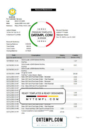 editable template, USA MOVO bank statement template in Excel and PDF format