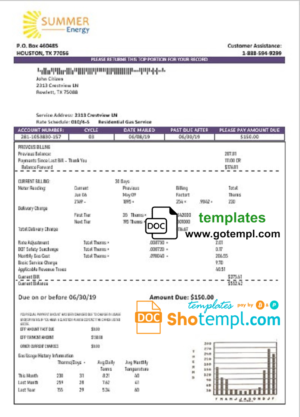 editable template, USA Texas Summer Energy easy fillable utility bill template in Word and PDF format