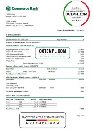 editable template, USA Commerce Bank statement easy to fill template in Excel and PDF format