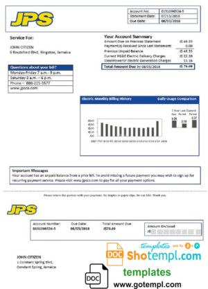 editable template, Jamaica Public Service (JPS) electricity utility bill template in Word and PDF format