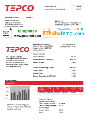 editable template, Japan Tokyo Electric Power Company electricity utility bill template in Word and PDF format