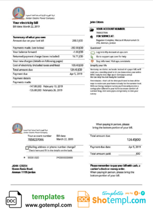 editable template, Jordan Jordanian Electric Power Co JEPCO electricity utility bill template in Word and PDF format