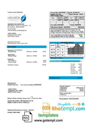 editable template, Kuwait Ministry of Electricity and Water utility bill template in Word and PDF format