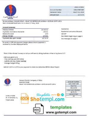 editable template, Libya General Electric Company electricity utility bill template in Word and PDF format