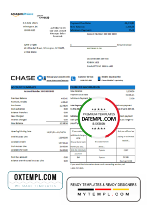 editable template, USA Chase bank credit card statement template in .xls and .pdf format