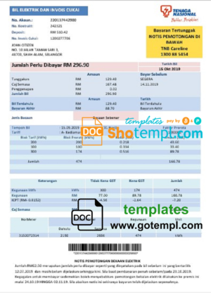 editable template, Malaysia Tenaga Nasional electricity utility bill template in Word and PDF format