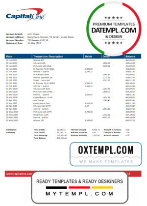 editable template, USA Capital One bank statement template, Word and PDF format (.doc and .pdf)