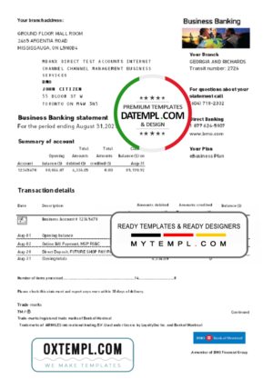 editable template, USA BMO Bank of Montreal bank proof of address statement template in Excel and PDF format