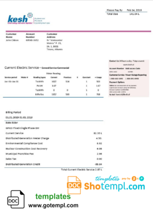 editable template, Albania Albanian Power Corporation utility bill template in Word and PDF format