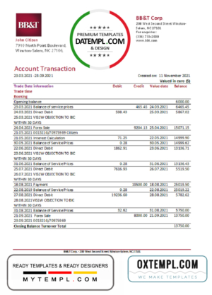 editable template, USA BB&T Corp. bank statement easy to fill template in .xls and .pdf file format