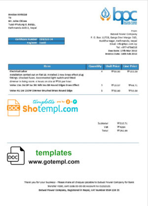 editable template, Nepal Butwal Power Company Limited electricity utility bill template in Word and PDF format