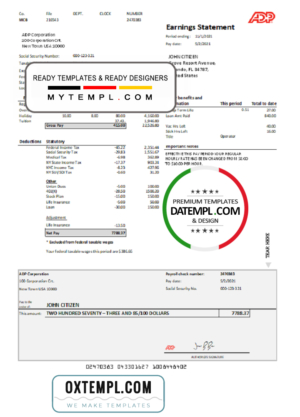 editable template, USA ADP Earnings statement template in .xls and .pdf file format