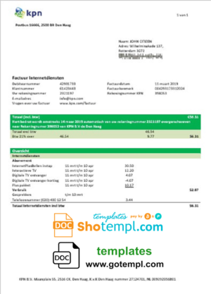 editable template, Netherlands KPN utility bill template in Word and PDF format