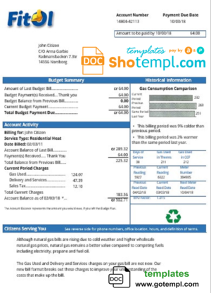 editable template, Sweden Fitol gas utility bill template in Word and PDF format