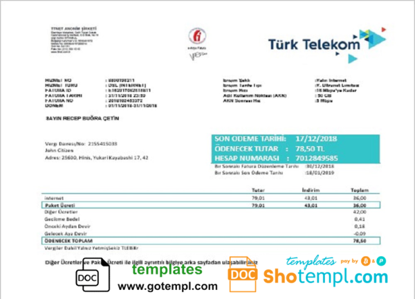 editable template, Turkey Turktelekom utility bill template in Word and PDF format, fully editable