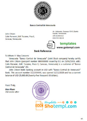 editable template, Venezuela Banco Central de Venezuela bank reference letter template in Word and PDF format
