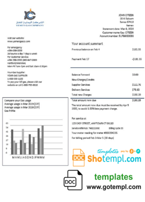editable template, Yemen Gas Company utility bill template in Word and PDF format