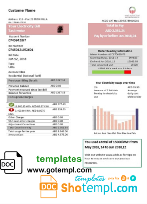 editable template, United Arab Emirates Abu Dhabi Distribution electricity utility bill template in Word and PDF format