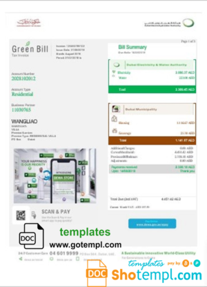 editable template, United Arab Emirates Dubai Green utility bill template in Word and PDF format, fully editable