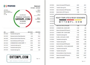editable template, United Kingdom Monzo bank statement template in Excel and PDF format (3 pages)