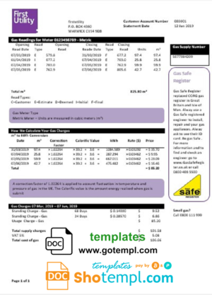 editable template, United Kingdom Warwick First Utility bill template in Word and PDF format