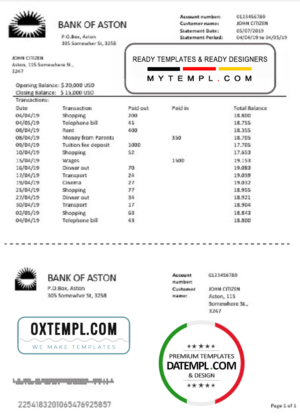 editable template, United Kingdom Bank of Aston bank statement template in Word and PDF format, good for address prove