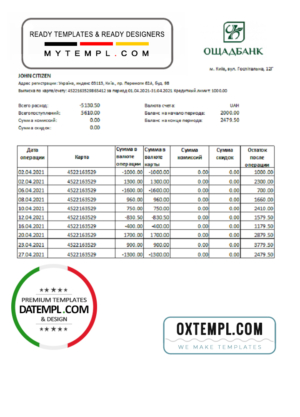editable template, Ukraine Oshadbank bank statement easy to fill template in Excel and PDF format