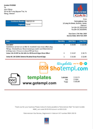 editable template, Vietnam Petrovietnam Gas utility bill template in Word and PDF format