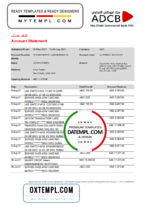 editable template, UAE Abu Dhabi ADCB bank statement easy to fill template in Excel and PDF format