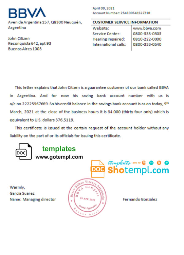 editable template, Argentina BBVA bank reference letter template in Word and PDF format