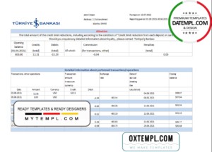 editable template, Turkey Bankasi Bank statement easy to fill template in .xls and .pdf format
