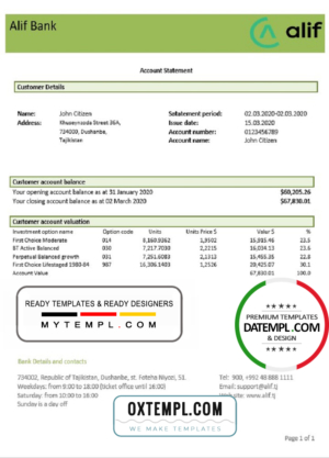 editable template, Tajikistan Alif Bank statement template, Word and PDF format (.doc and .pdf)