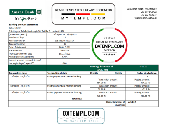 editable template, Sri Lanka Amana Bank statement easy to fill template in Excel and PDF format