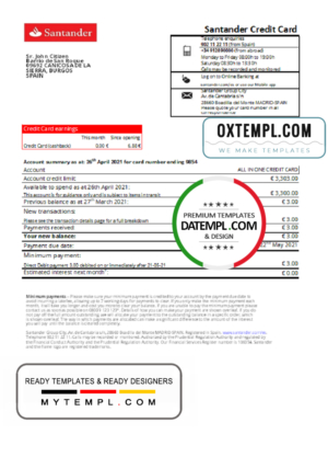 editable template, Spain Santander credit card proof of address bank statement in Excel and PDF format