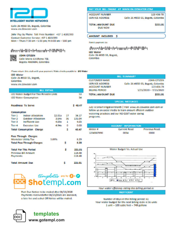 editable template, Colombia i2O Water utility bill template in Word and PDF format