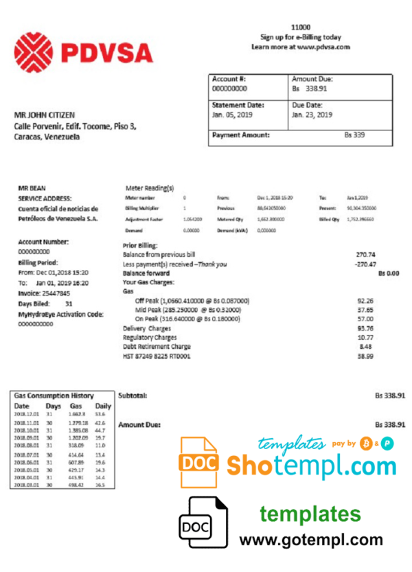 editable template, Venezuela PDVSA Gas utility bill template in Word and PDF format