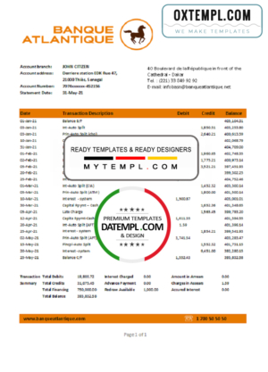 editable template, Senegal Banque Atlantique Bank statement easy to fill template in .xls and .pdf file format