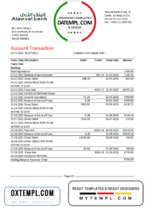 editable template, Saudi Arabia Alawwal Bank statement easy to fill template in .xls and .pdf file format