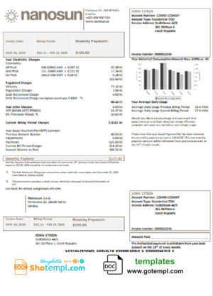 editable template, Czech Republic Nanosun s.r.o utility bill template in Word and PDF format